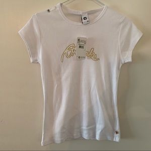 Akdmks White T Shirt Gold Tone Letters Glitter Studs Sz L NWT
